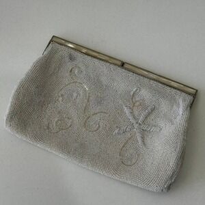 Vintage Bags by Debbie White Beaded Clutch Japan Mother of Pearl Inlay Frame